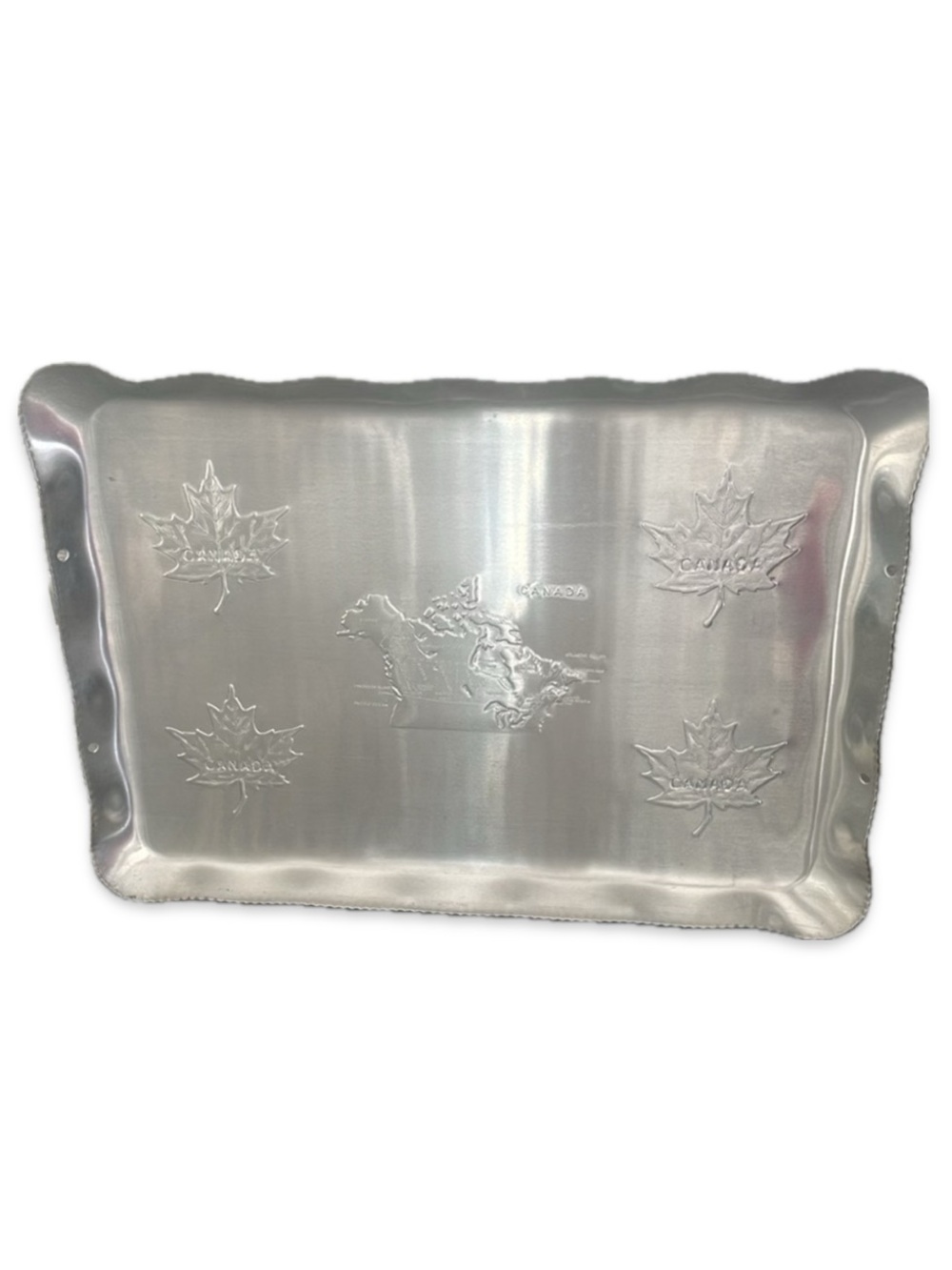 Vintage Aluminum Canada Map Souvenir Serving Tray 3D Raised Maple Leaf 14x10